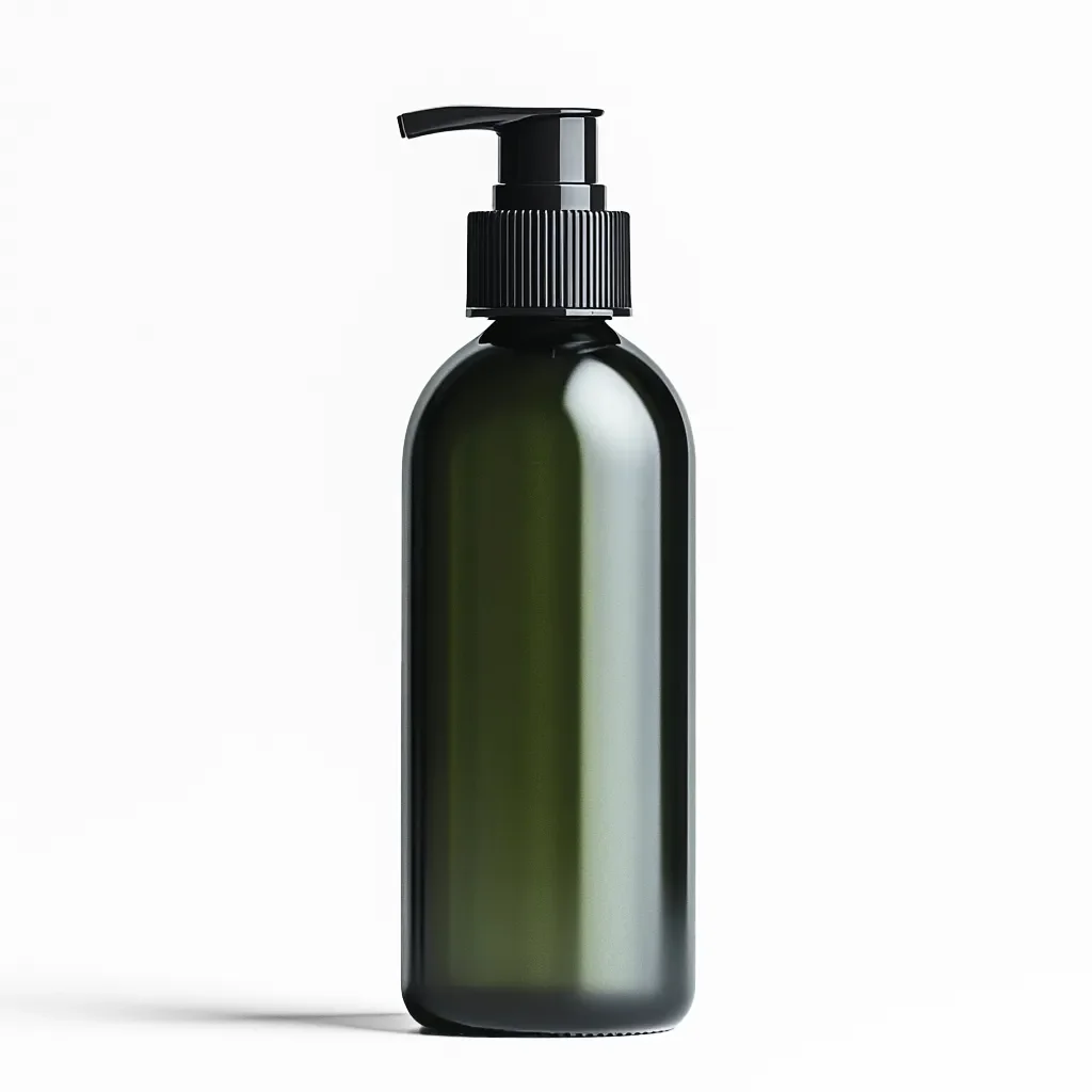 Grüne Glasflasche mit Pumpverschluss für Kosmetik- oder Pflegemittel, elegant und minimalistisch gestaltet, geeignet für verschiedene Anwendungen.