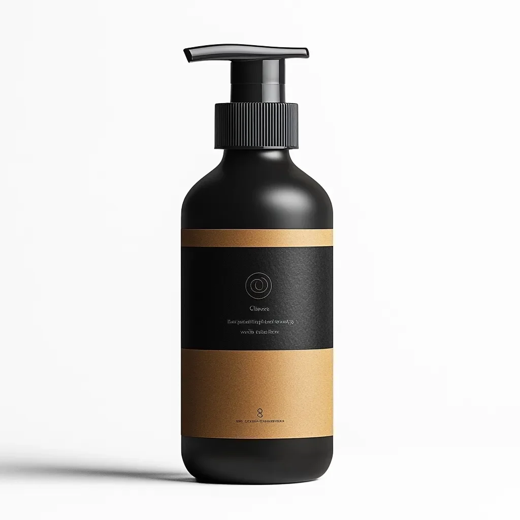 Schwarze Flasche mit Pumpe, etikettiert mit einem minimalistischen Design und brauner Papierumrandung, enthält ein Produkt zur Hautpflege für den täglichen Gebrauch.