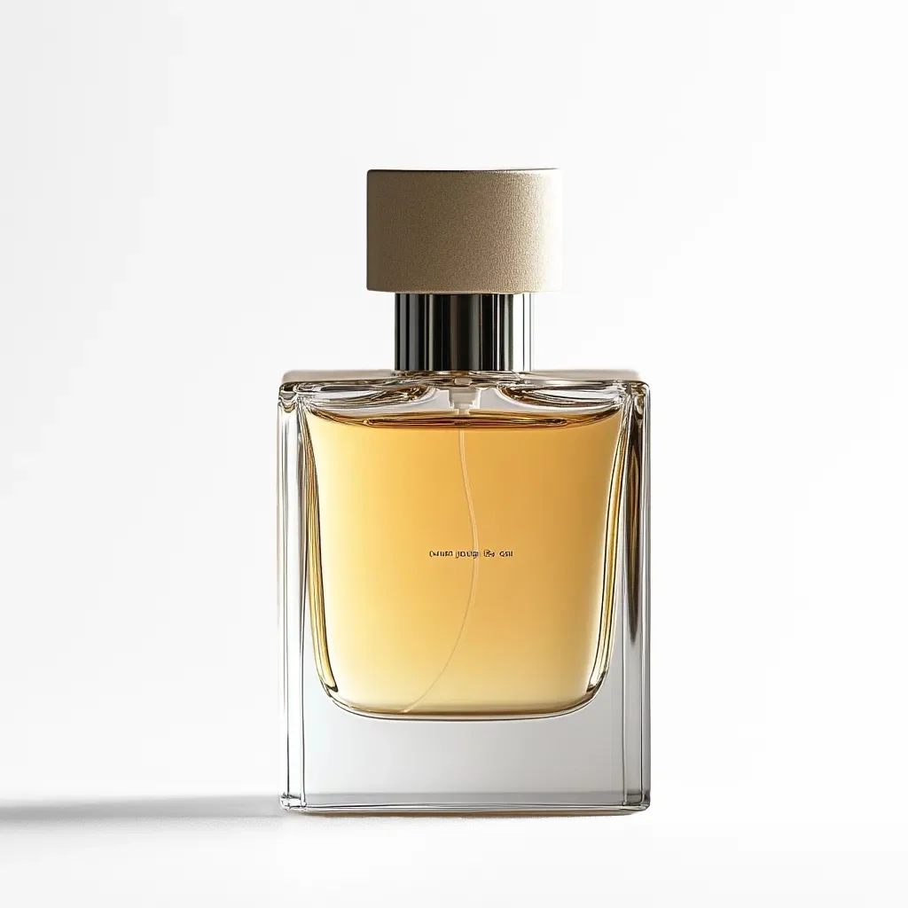 Flasche eines Parfums mit einem klaren, quadratischen Glasdesign und einem goldenen Deckel, gefüllt mit einer amberfarbenen Flüssigkeit, vor einem hellen Hintergrund.