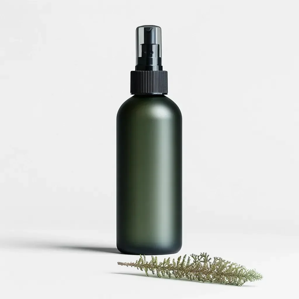 Grüner Glasflakon mit Sprühkopf, neben einem kleinen Zweig, auf hellem Hintergrund, ideal für kosmetische oder aromatische Produkte.
