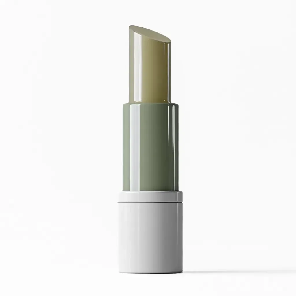 Ein Lippenbalsam in einem modernen, minimalistischen Design. Der Stift hat eine transparente, gelbgrüne Spitze und einen grauen Körper mit einer weißen Basis. Ideal für die Pflege der Lippen.