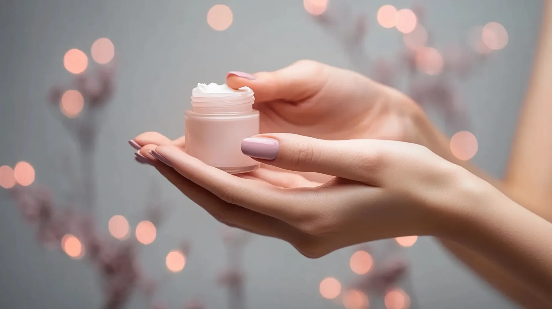 Eine Person hält ein kleines, transparentes Cremetöpfchen mit einer weißen Creme. Der Hintergrund ist verschwommen und zeigt sanfte, warme Lichter, die eine entspannende Atmosphäre schaffen. Die Nägel der Person sind in einem zarten Rosa lackiert.
