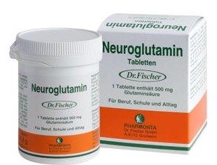 Packung und Dose von Neuroglutamin Tabletten der Marke Dr. Fischer.