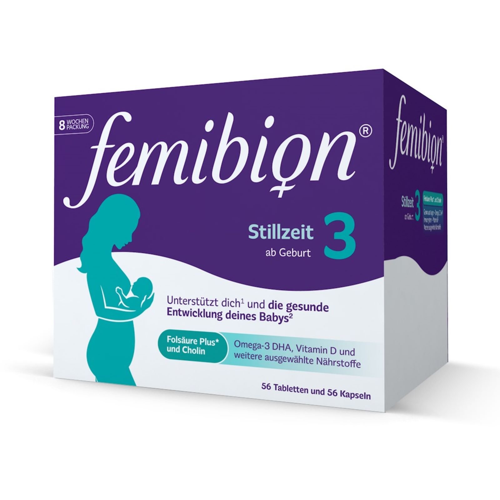 Packung des Nahrungsergänzungsmittels "femibion Stillzeit 3" mit Informationen zu Inhaltsstoffen und Verzehrempfehlungen.