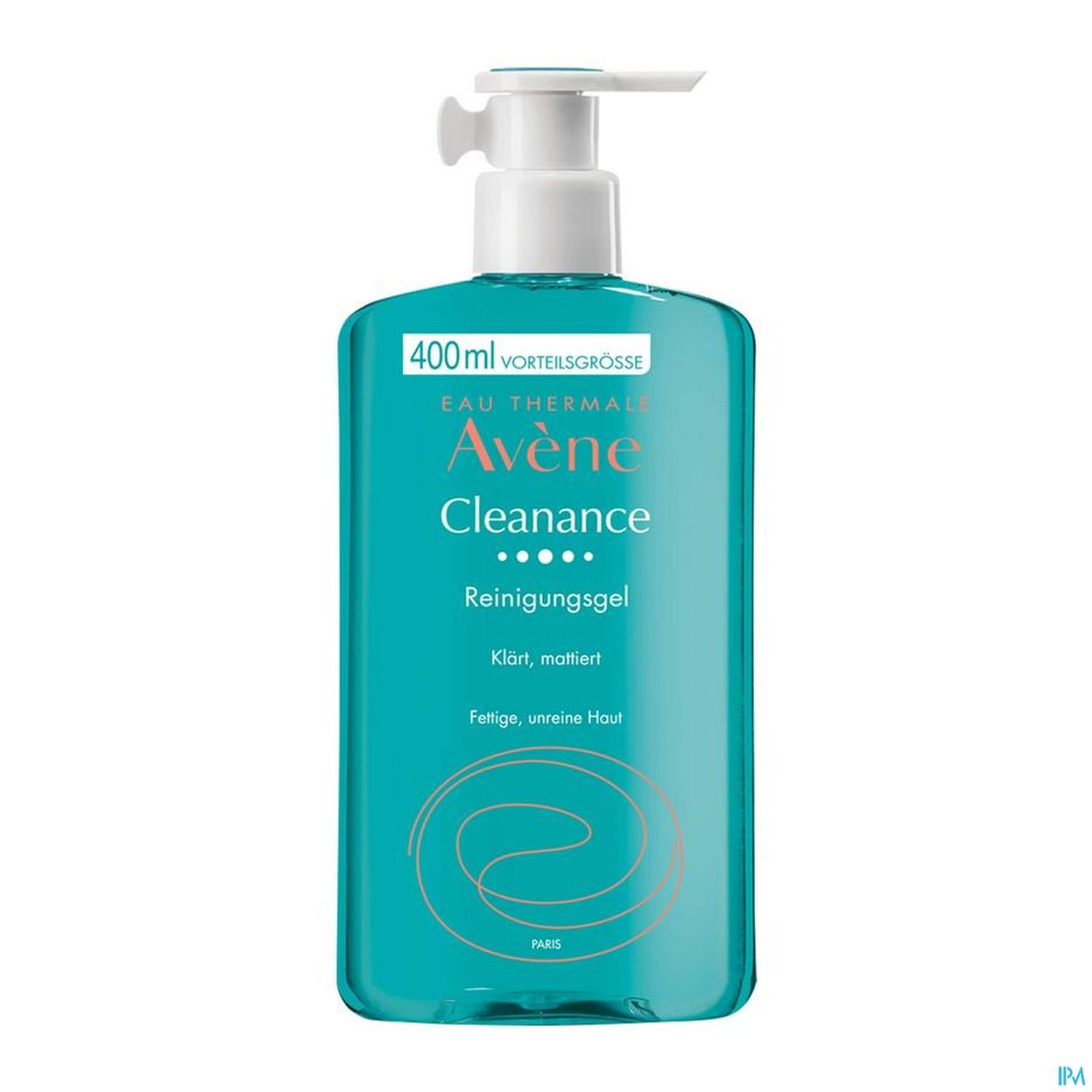 Flasche mit 400 ml Reinigungsgele von Avène, Produktbezeichnung "Cleanance", in türkisblauer Farbe.
