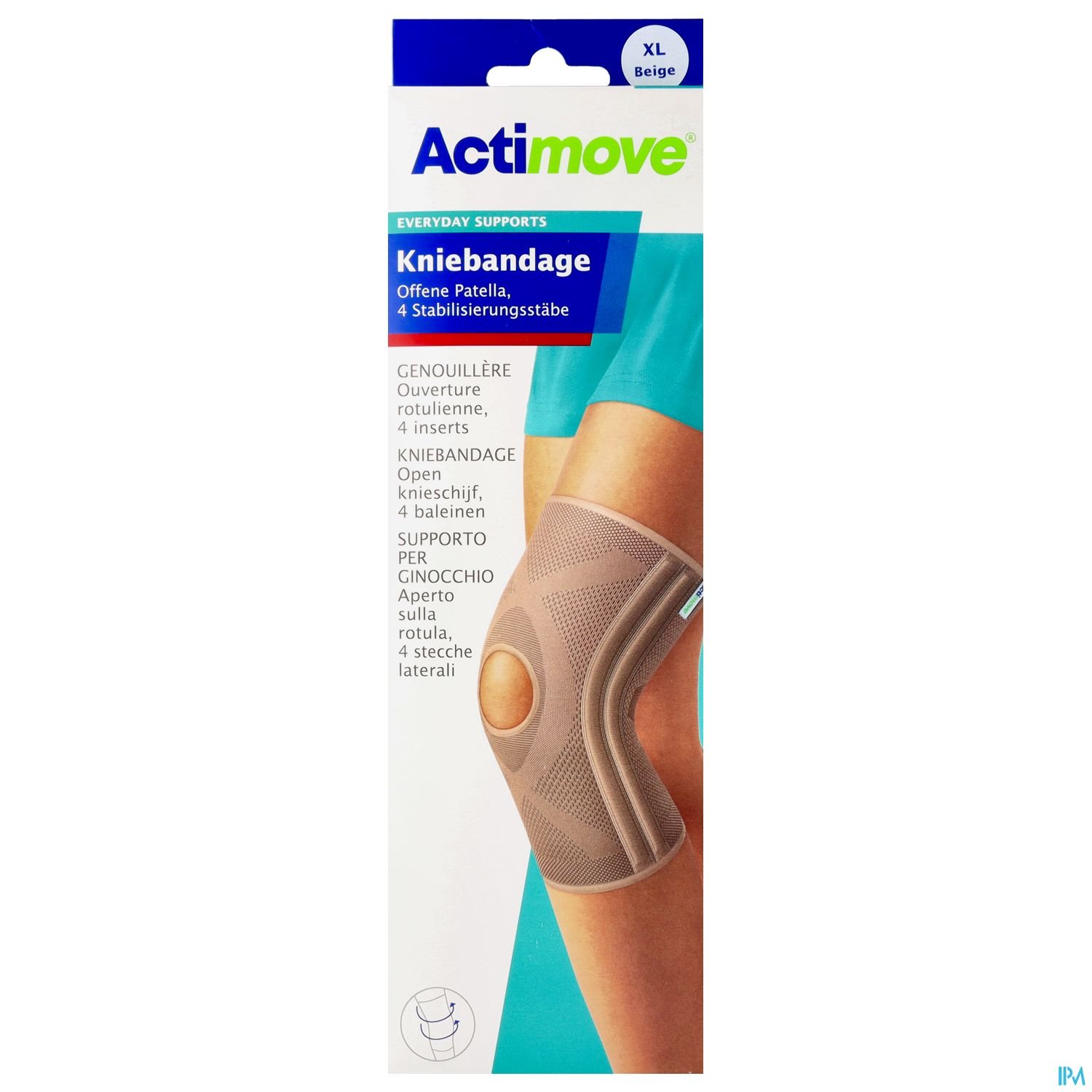 Verpackung einer offenen Patellakniebandage von Actimove, beige, mit Beschreibung und Bildern der Bandage.