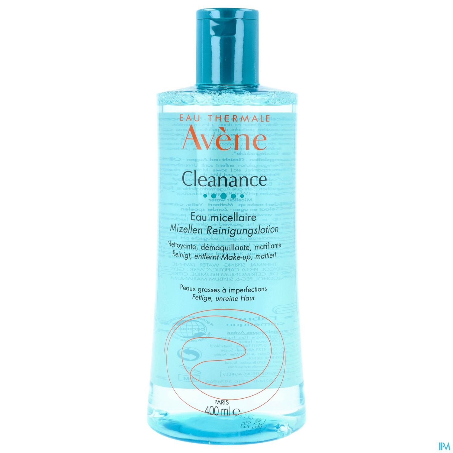 Flasche mit Avene Cleanance Mizellen-Reinigungslotion, 400 ml, auf transparentem Hintergrund.