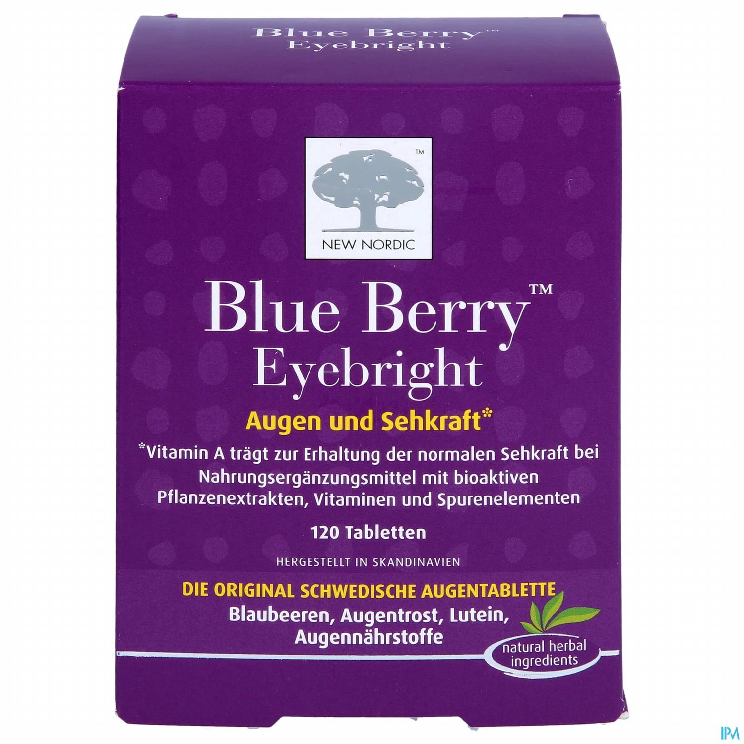 Packung der Nahrungsergänzungsmittel "Blue Berry Eyebright" für Augen und Sehkraft, mit Beschreibung der Inhaltsstoffe und Anwendungsbereiche.