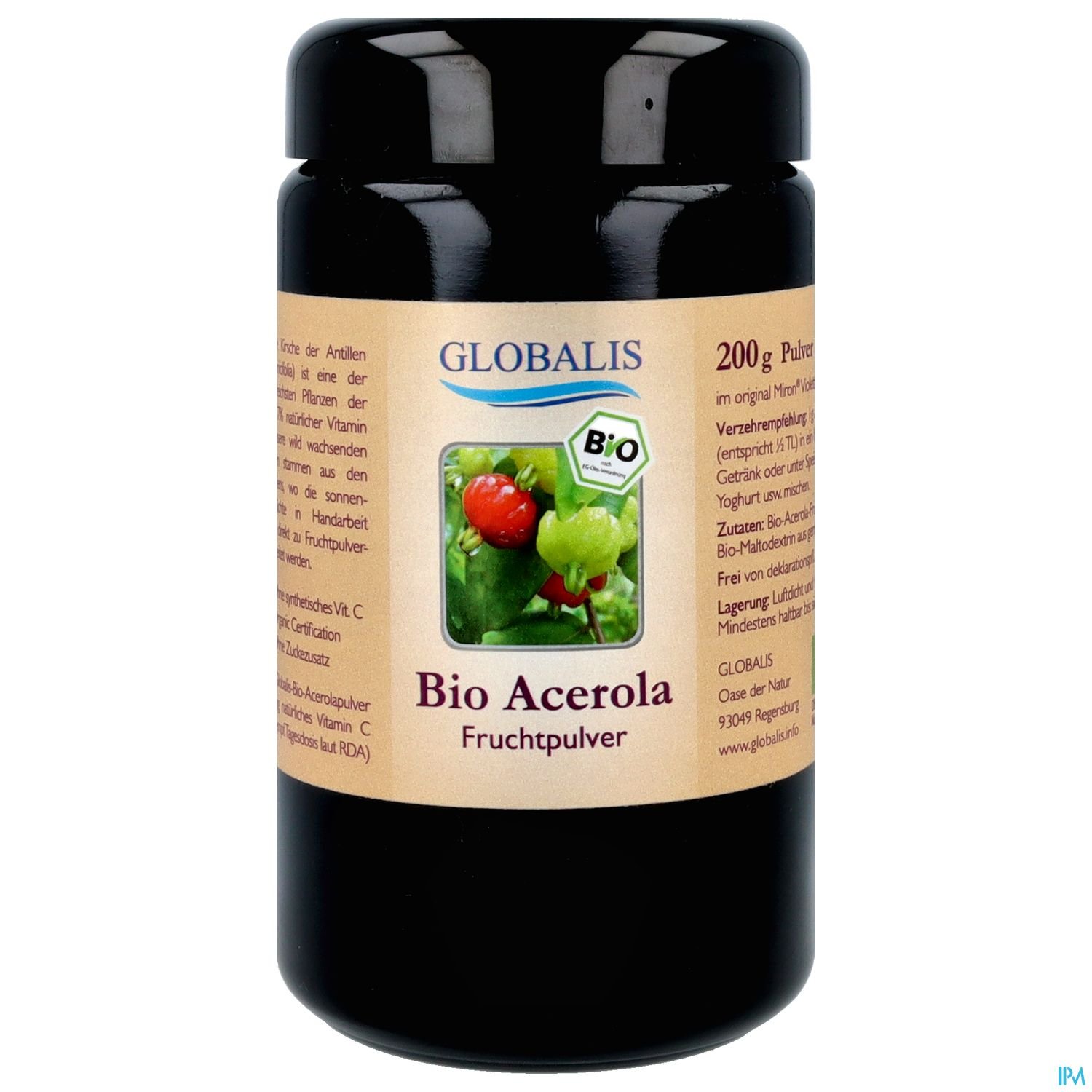 Schwarzer Behälter mit Aufschrift "Bio Acerola Fruchtpulver" und Abbildung von Acerola-Kirschen.