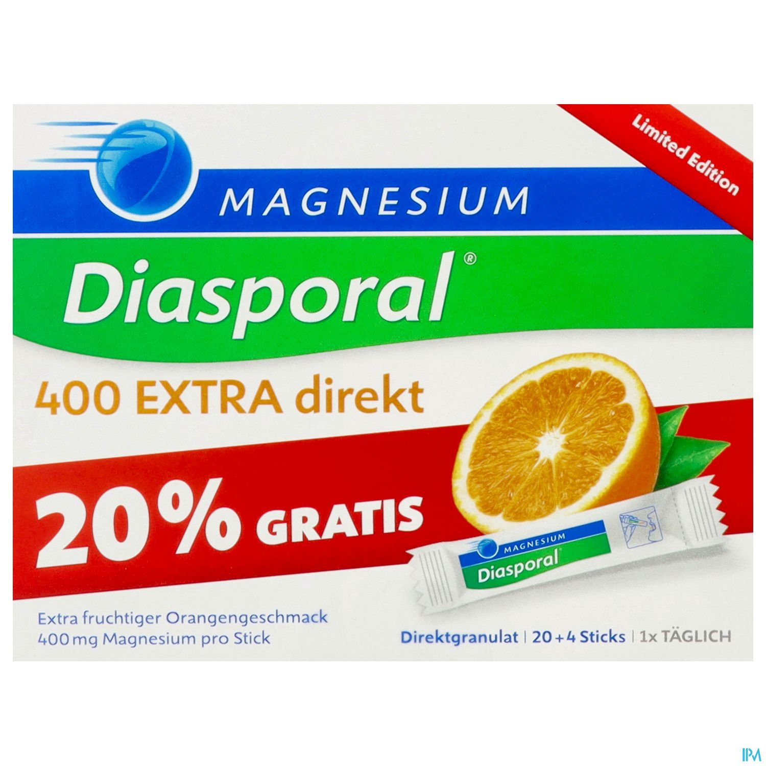 Verpackung von Diasporal Magnesium 400 EXTRA direkt, mit einer abgebildeten Orange und dem Hinweis "20% GRATIS".