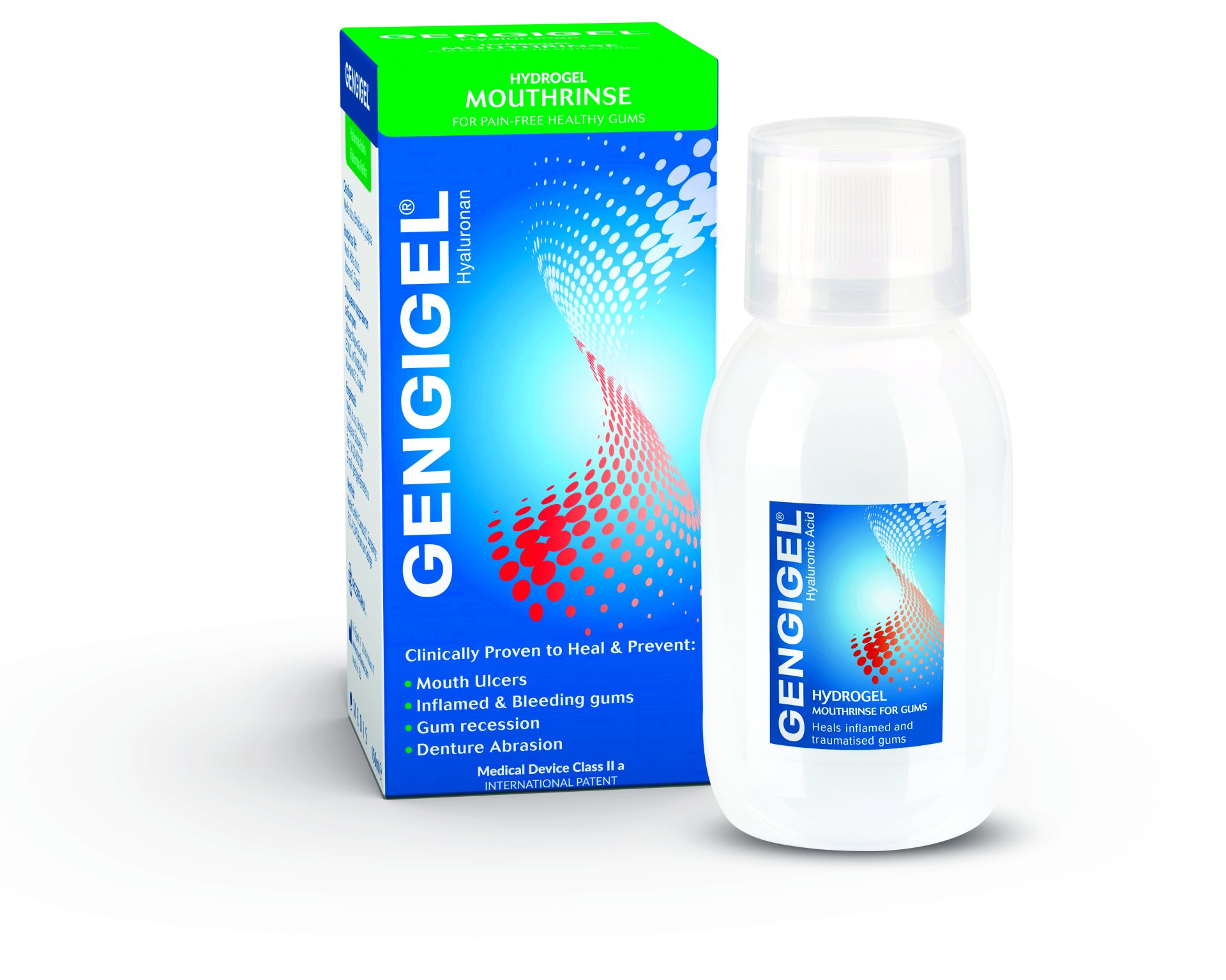 Flasche Gengigel Mundspülung mit Verpackung, die Anwendung bei entzündetem Zahnfleisch anzeigt.