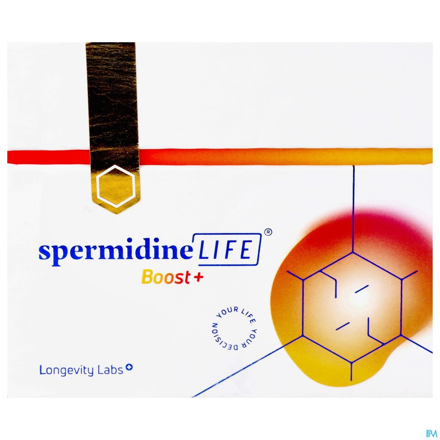 Verpackung von spermideLIFE Boost+ von Longevity Labs mit grafischen Elementen und Logo.