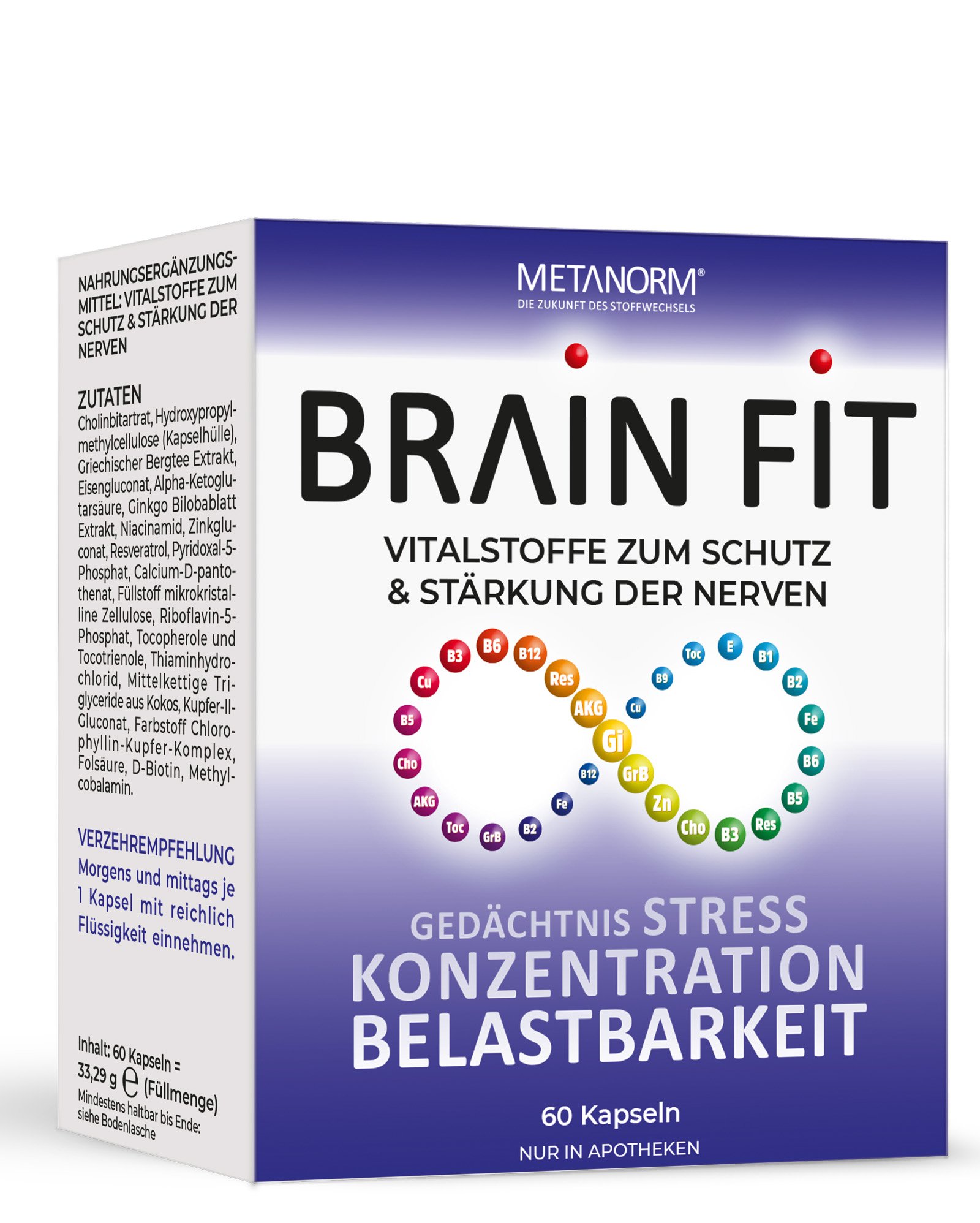 Verpackung des Nahrungsergänzungsmittels "Brain Fit" von Metanorm mit Angaben zu Inhaltsstoffen und Anwendungshinweisen.