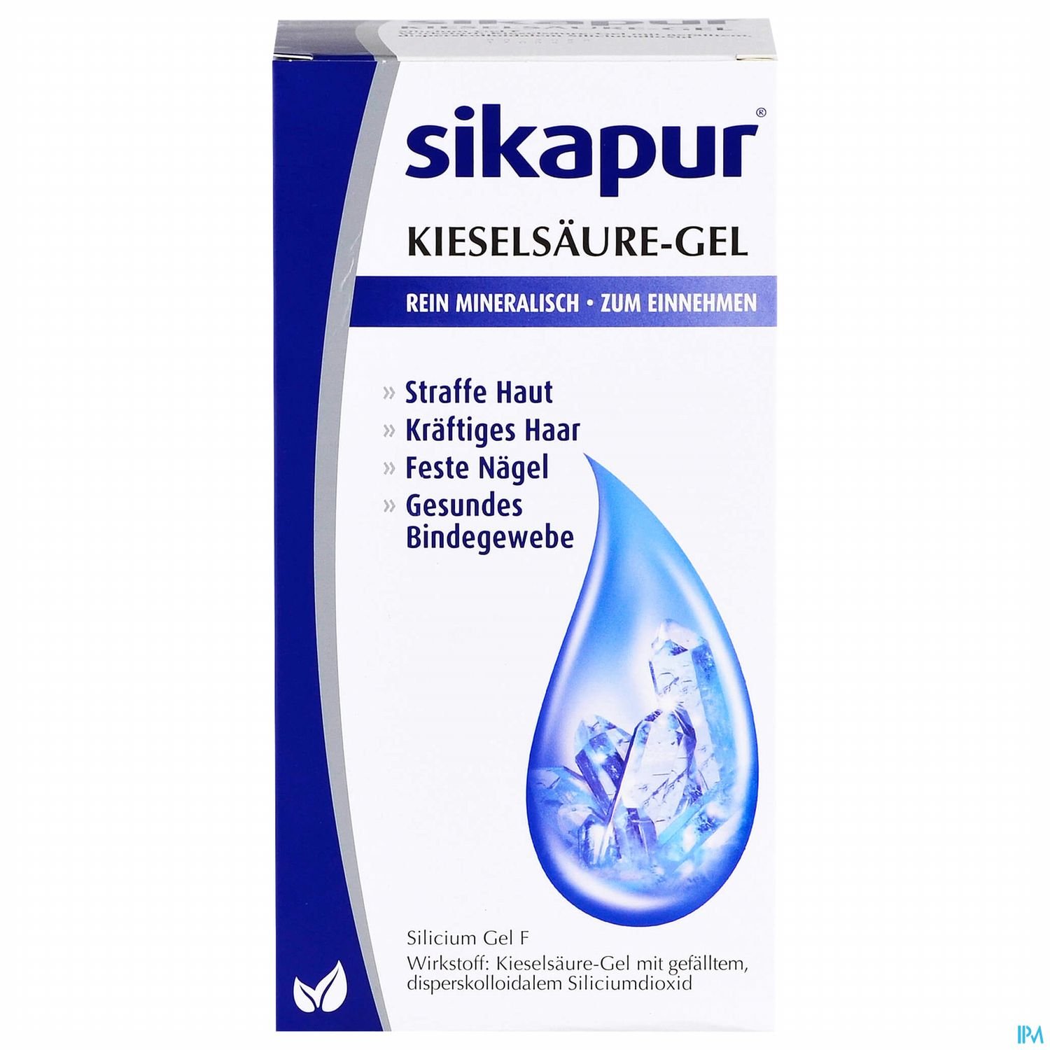 Verpackung des Sikapur Kieselsäure-Gels mit Angaben zu den Vorteilen für Haut, Haare, Nägel und Bindegewebe.