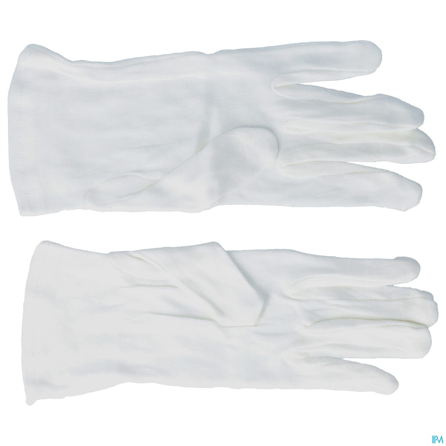 Weiße Handschuhe, die flach auf einer Oberfläche liegen, eine obere und eine untere Ansicht.