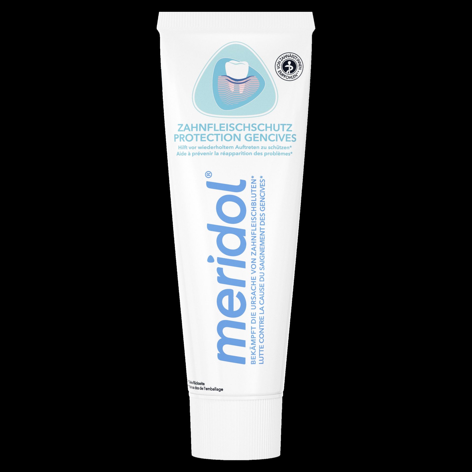 Tube Meridol Zahnfleischschutz mit der Aufschrift "Zahnfleischschutz" und einem Symbol für Zahngesundheit.