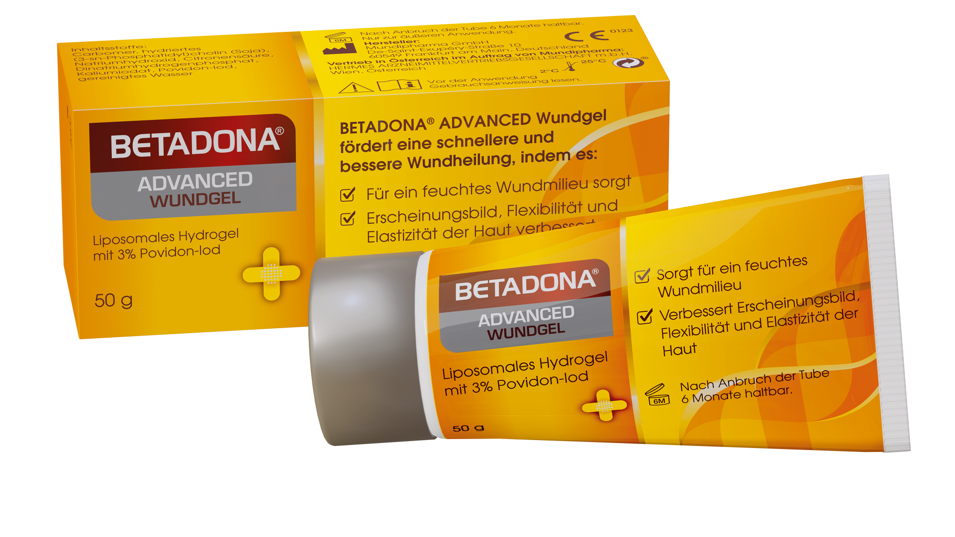 Tube und Verpackung des BETADONA® ADVANCED Wundgels, 50 g, mit Hinweisen zur Anwendung und Inhaltsstoffen.