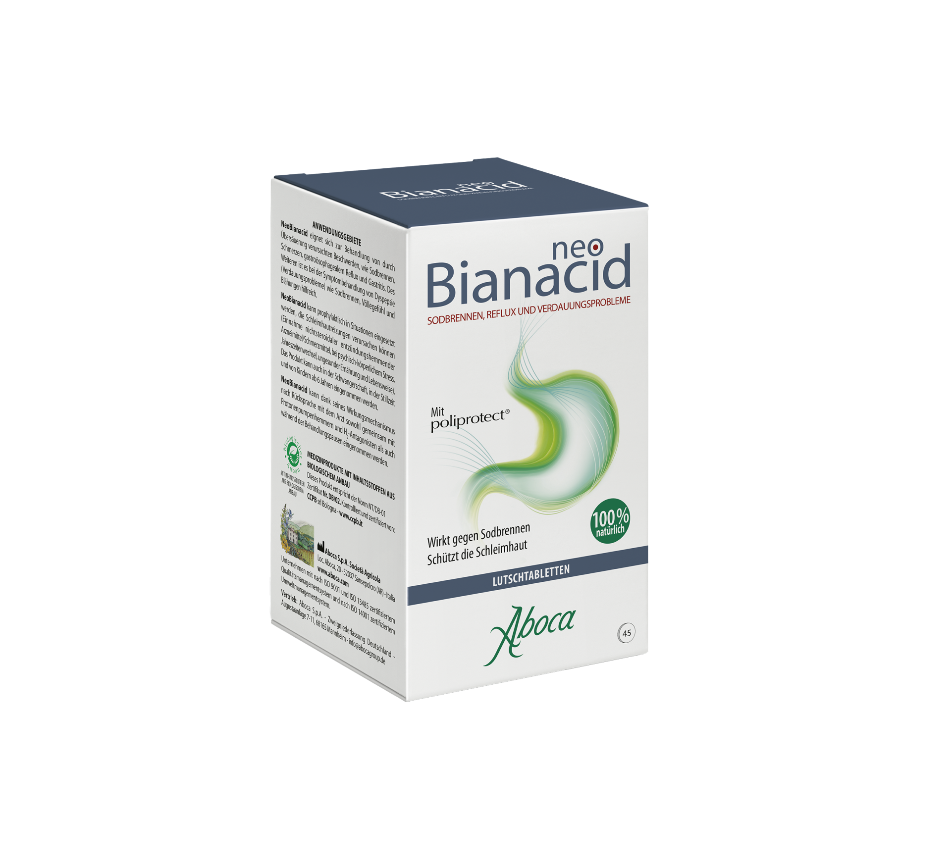 Verpackung von Aboca neo Bianacid, einem Produkt zur Unterstützung bei Magenbeschwerden.
