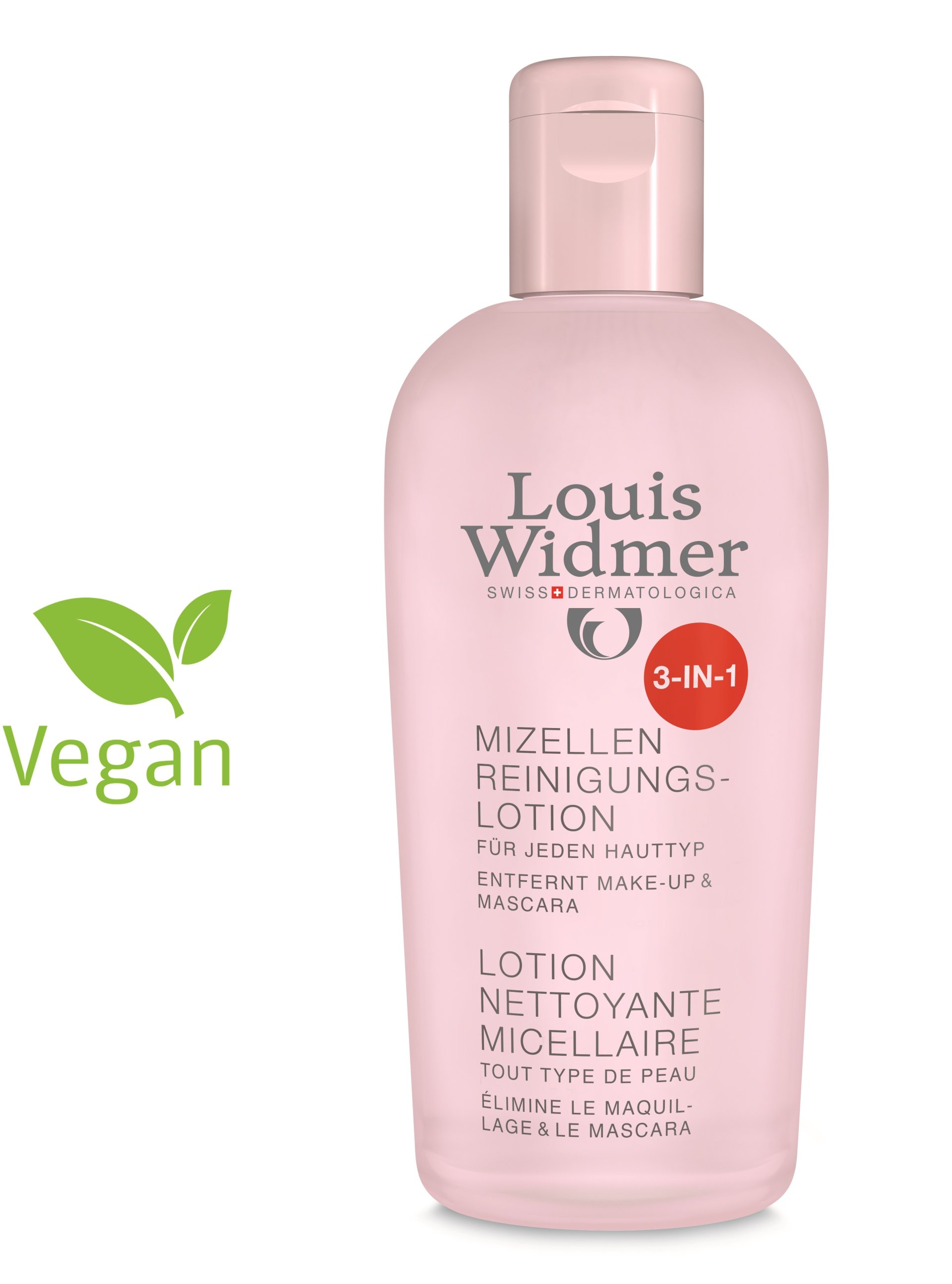 Flasche mit Mizellen-Reinigungs-Lotion von Louis Widmer, vegan, für jeden Hauttyp geeignet, mit Hinweis auf die Entfernung von Make-up und Mascara.