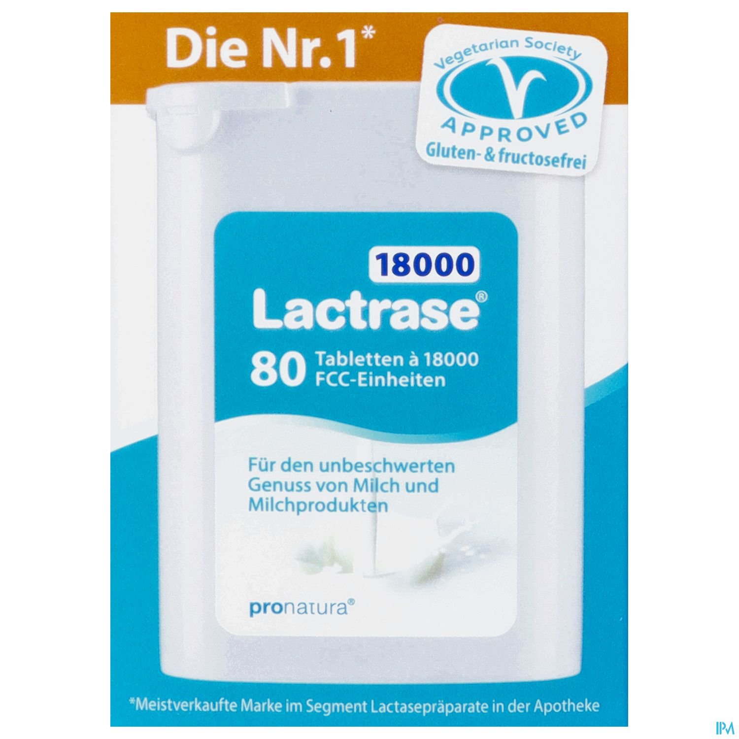 Packung mit Lactrase Tabletten, 80 Stück, zur Unterstützung beim Genuss von Milch- und Milchprodukten, gluten- und fructosefrei, mit einem Hinweis auf die Zertifizierung durch die Vegetarian Society.