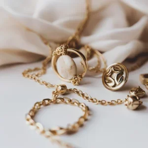 Elegante goldene Schmuckstücke auf einem weichen, hellen Hintergrund. Die Kollektion umfasst eine Kette mit einem ovalen Anhänger, Ohrringe, einen Ring und ein Armband, die alle kunstvoll gestaltet sind und ein luxuriöses Aussehen verleihen.