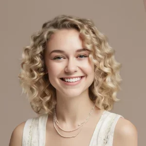Junge Frau mit lockigem, blondem Haar lächelt vor einem neutralen, hellen Hintergrund. Sie trägt ein schlichtes, elegantes Outfit und eine zarte Halskette.