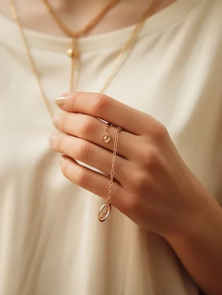 Nahaufnahme einer Hand, die zarte goldene Schmuckstücke trägt, darunter eine filigrane Kette mit einem Anhänger und eine Ringkette. Die Hand ist elegant und gepflegt, und der Hintergrund ist hell und minimalistisch.