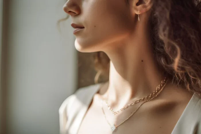 Porträt einer Frau mit lockigem Haar, die eleganten Schmuck trägt. Die Aufnahme zeigt ihren Hals und die Kette, während sanftes Licht auf ihre Haut fällt.