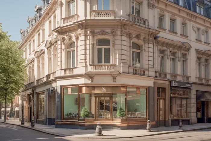 Eckgebäude mit historischer Architektur, große Fenster und elegante Fassadendetails in einer ruhigen Straße, umgeben von Bäumen und Geschäften.