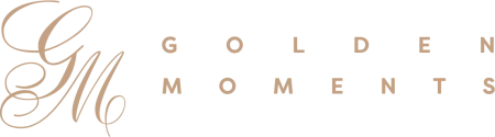 Logo von Golden Moments mit den Buchstaben GM in geschwungener Schrift und dem Schriftzug 'GOLDEN MOMENTS' daneben, in eleganter, goldener Schrift. Ideal für die Verwendung in Bereichen wie Eventplanung oder Fotografie.