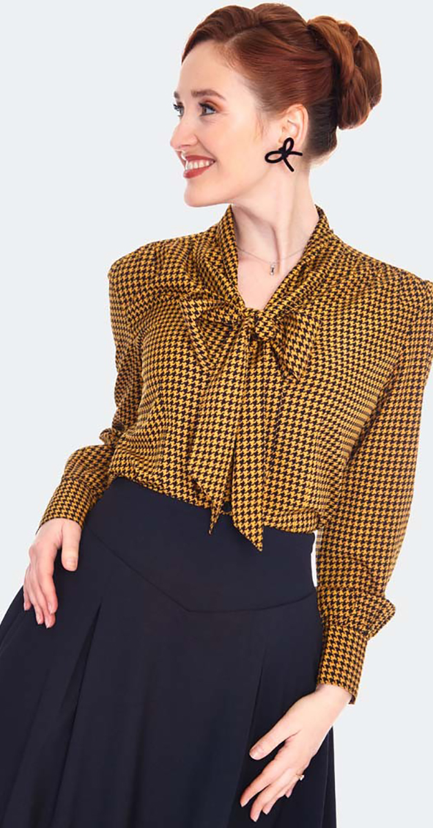 Vintage 50s -Black and Mustard Yellow Houndstooth Pattern Blouse
