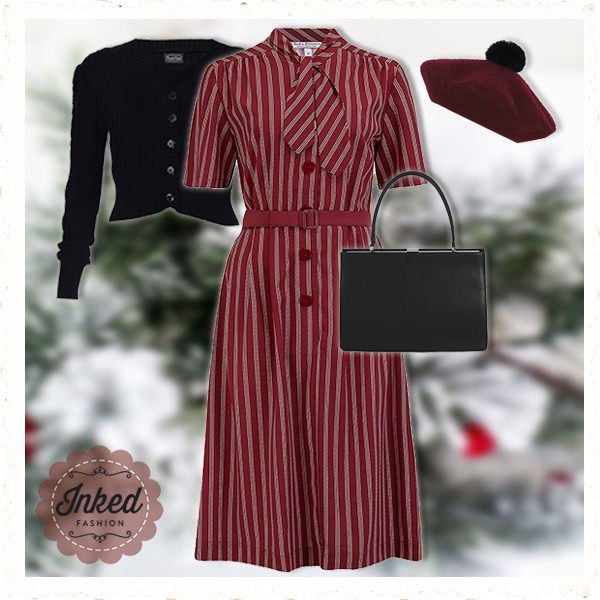 RocknRomance Vintage Style Dress - Casidy - Dotty Stripe - Maroon/White