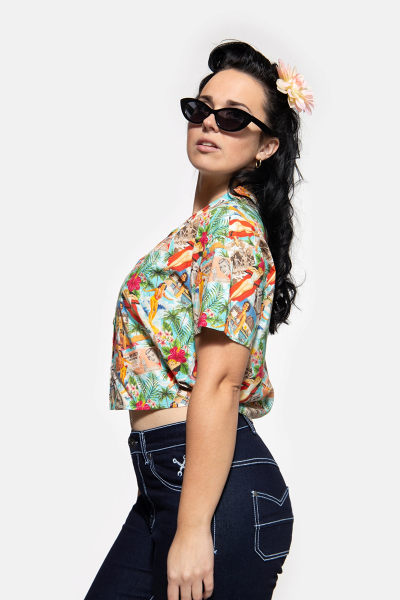 Cropped Oversize Bluse mit Allover-Print im 50s-Look