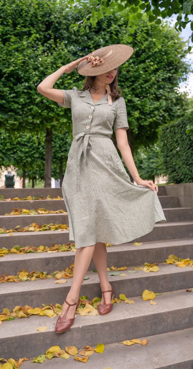 Vintage  Mode - Revers Dress Linnen Stripe Olive