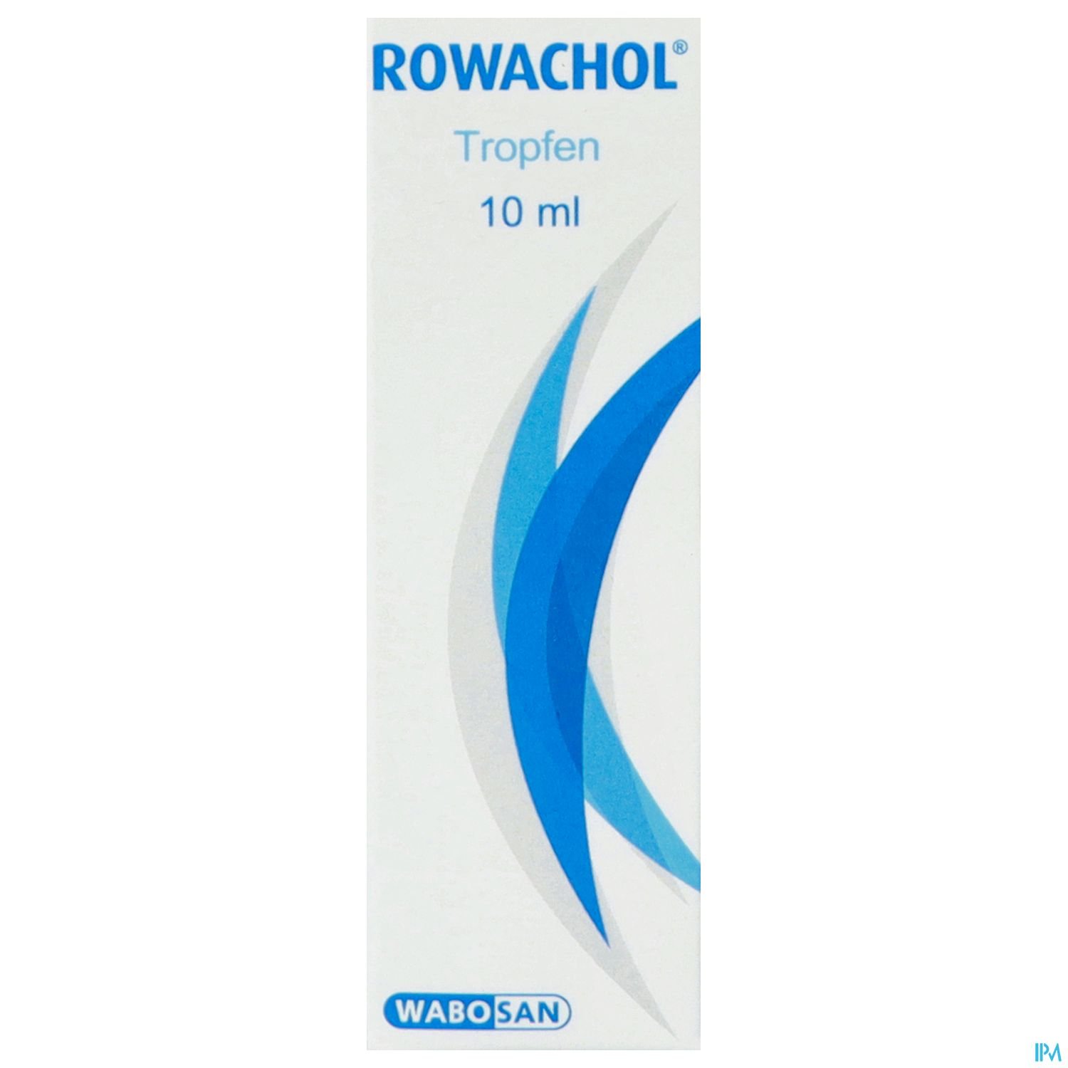 Produktverpackung von Rowachol Tropfen, 10 ml, mit grafischen Elementen in Blau und Weiß.