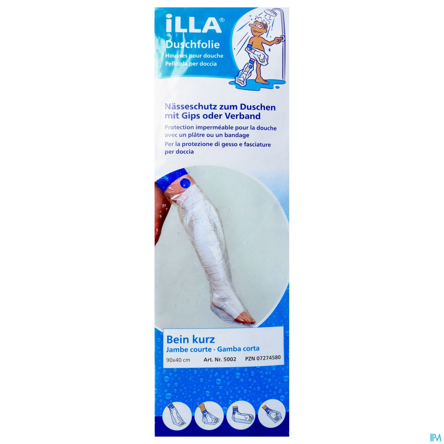 Verpackung einer Duschefolie für das Duschen mit Gips oder Verband, mit Anleitungen und Bildern zur Anwendung.