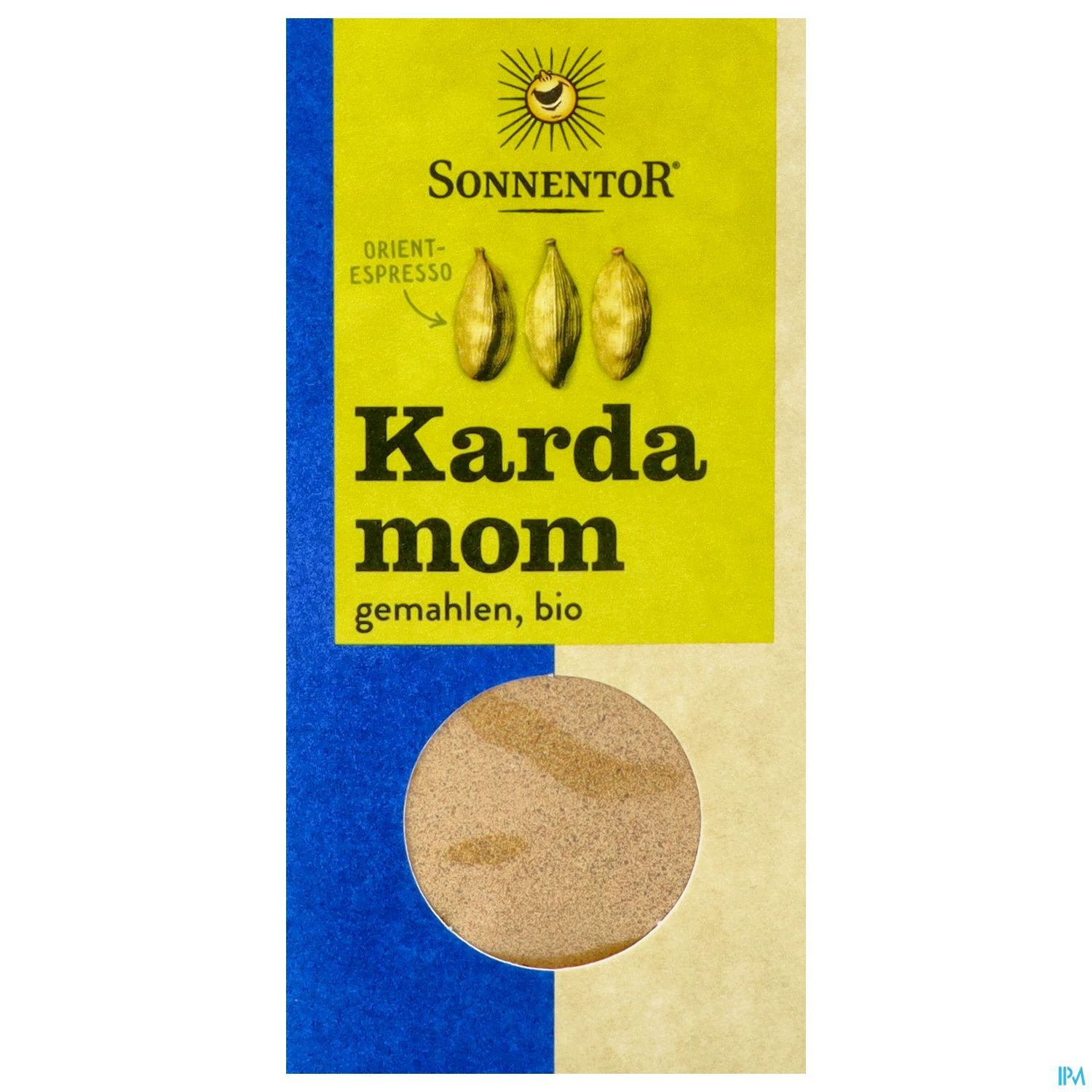Verpackung für gemahlene Bio-Kardamom von Sonnentor mit orangefarbenem und blauem Design.