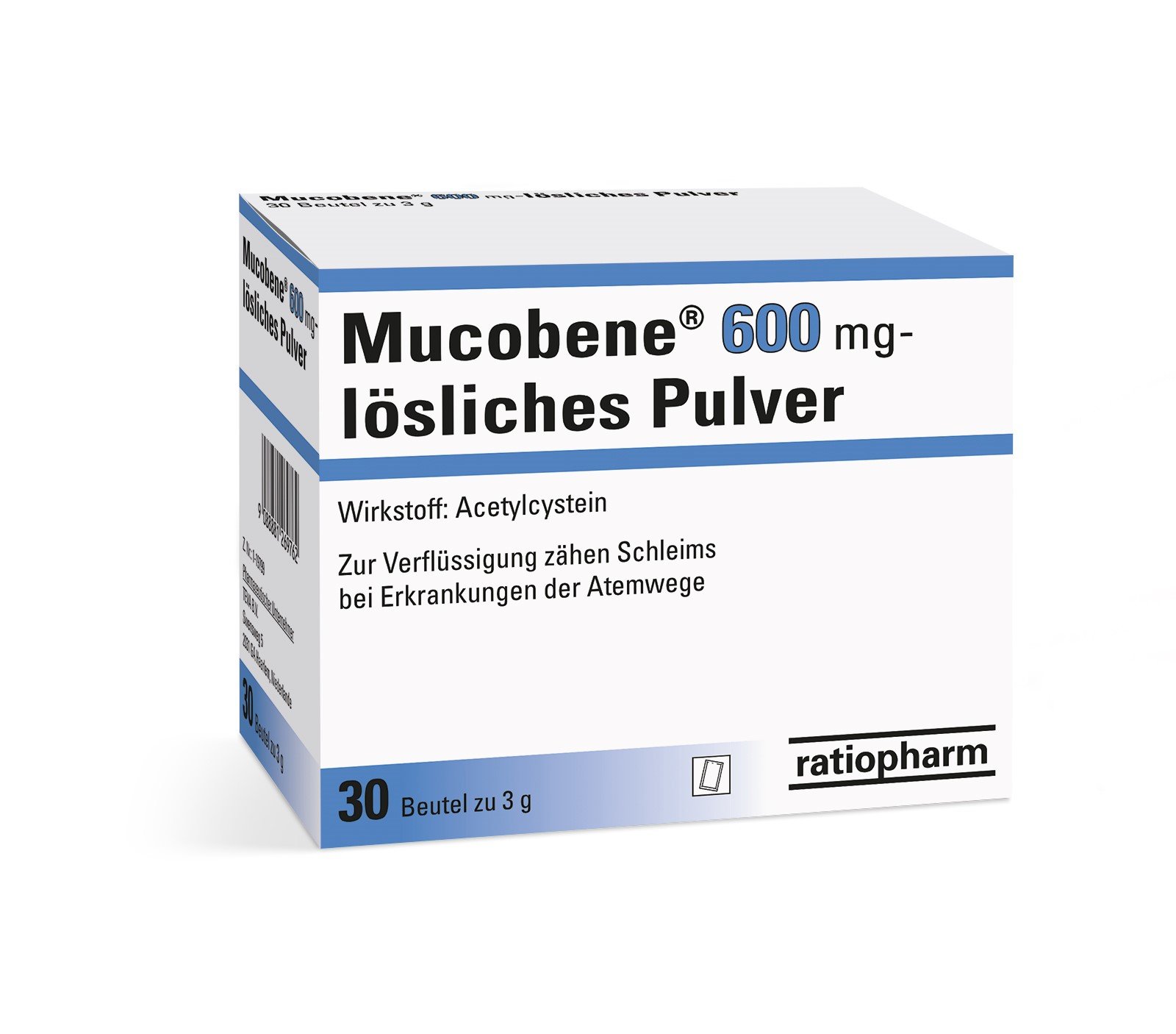 Verpackung von Mucobene 600 mg, lösliches Pulver, mit Angaben zu Wirkstoff und Anwendung.