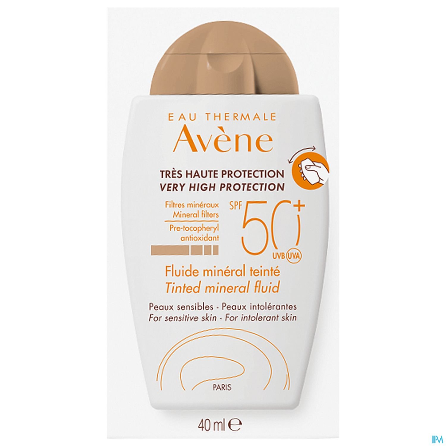 Sonnenschutzmittel von Avène in einem weißen Flakon mit braunem Deckel, enthält 40 ml, mit der Kennzeichnung "SPF 50+" und "sehr hoher Schutz".