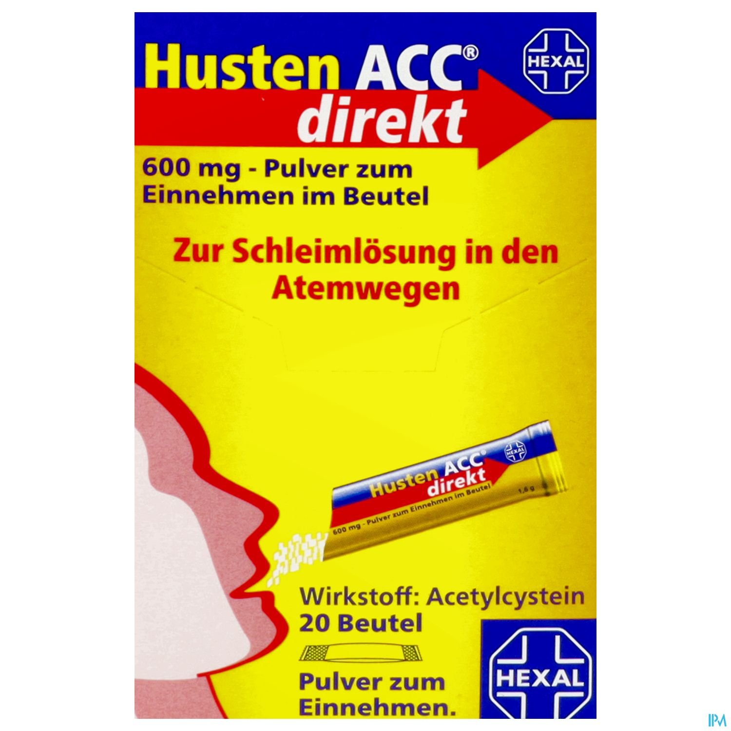 Packung von Husten ACC direkt, 600 mg Pulver zur Einnahme mit Angaben zur Schleimlösung in den Atemwegen und Wirkstoff Acetylcystein.