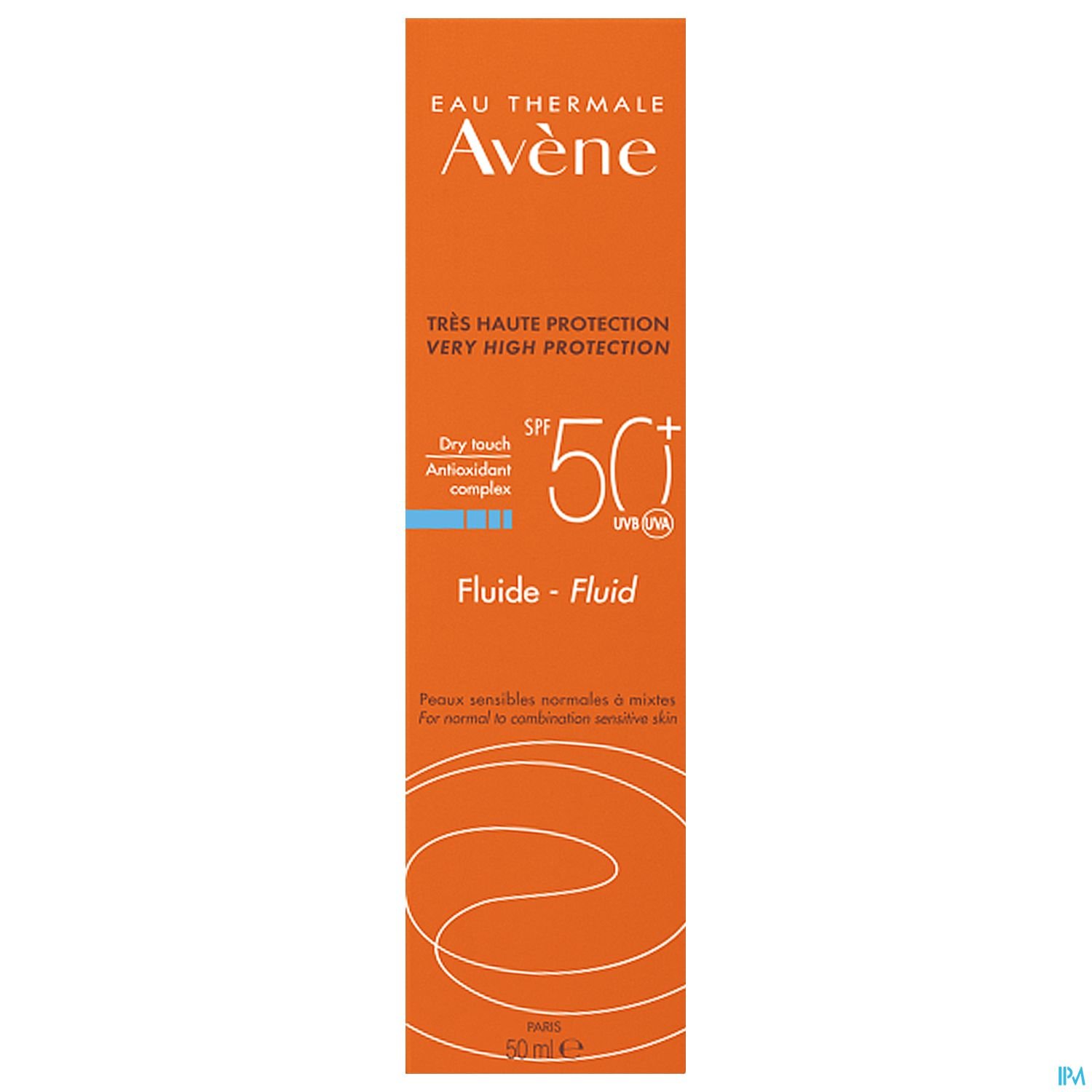 Sonnenschutzmittel von Avène in einer 50 ml Flasche mit hoher UV-Schutzwirkung, orangefarbener Verpackung.