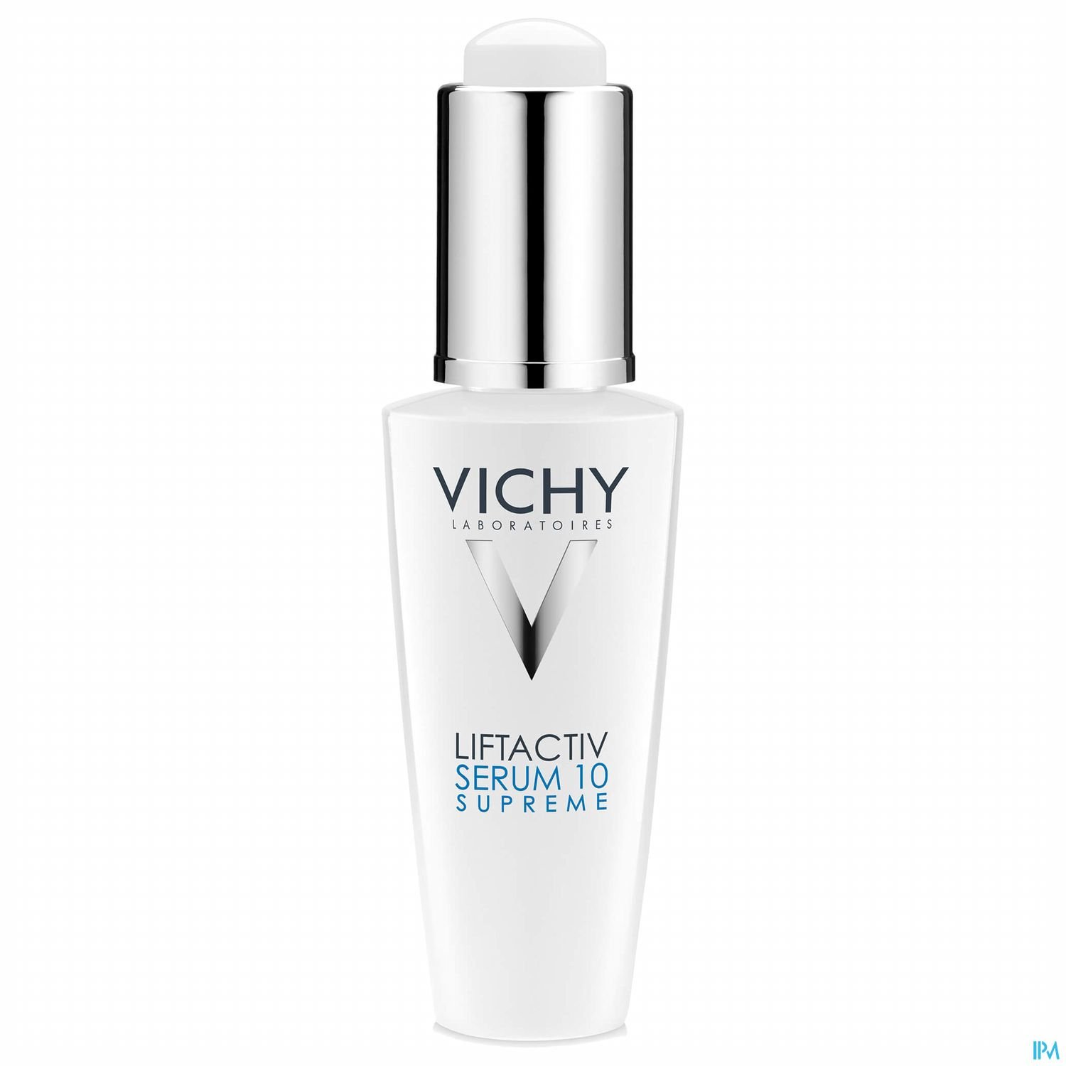 Flasche mit Vichy Liftactiv Serum 10 Supreme, weiße Verpackung mit silberner Verschlusskappe.