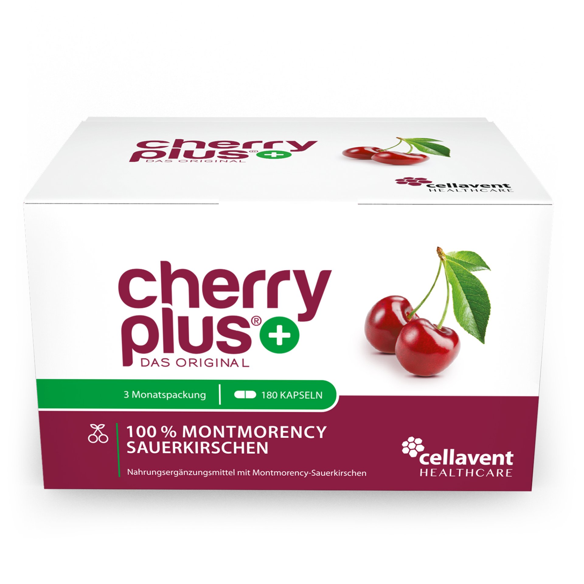 Verpackung von Cherry Plus mit 180 Kapseln aus Montmorency Sauerkirschen.