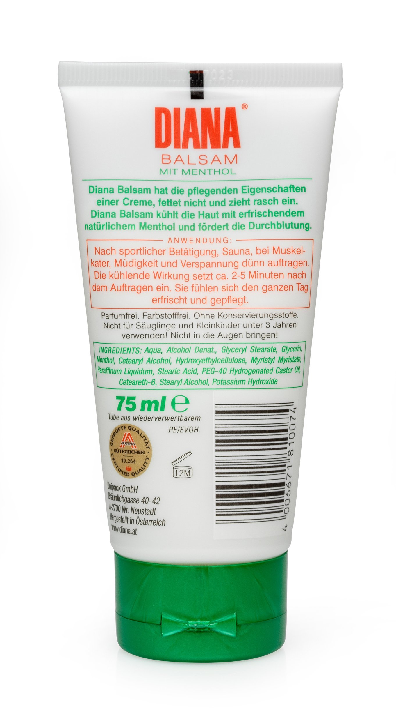 Tube mit Diana Balsam mit Menthol, 75 ml, Beschreibung und Anwendungsanleitung auf der Verpackung sichtbar.