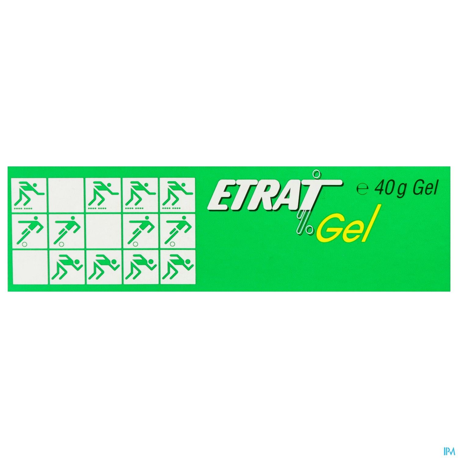 Grüne Verpackung mit der Aufschrift "ETRAT Gel" und verschiedenen Piktogrammen, die sportliche Aktivitäten darstellen.