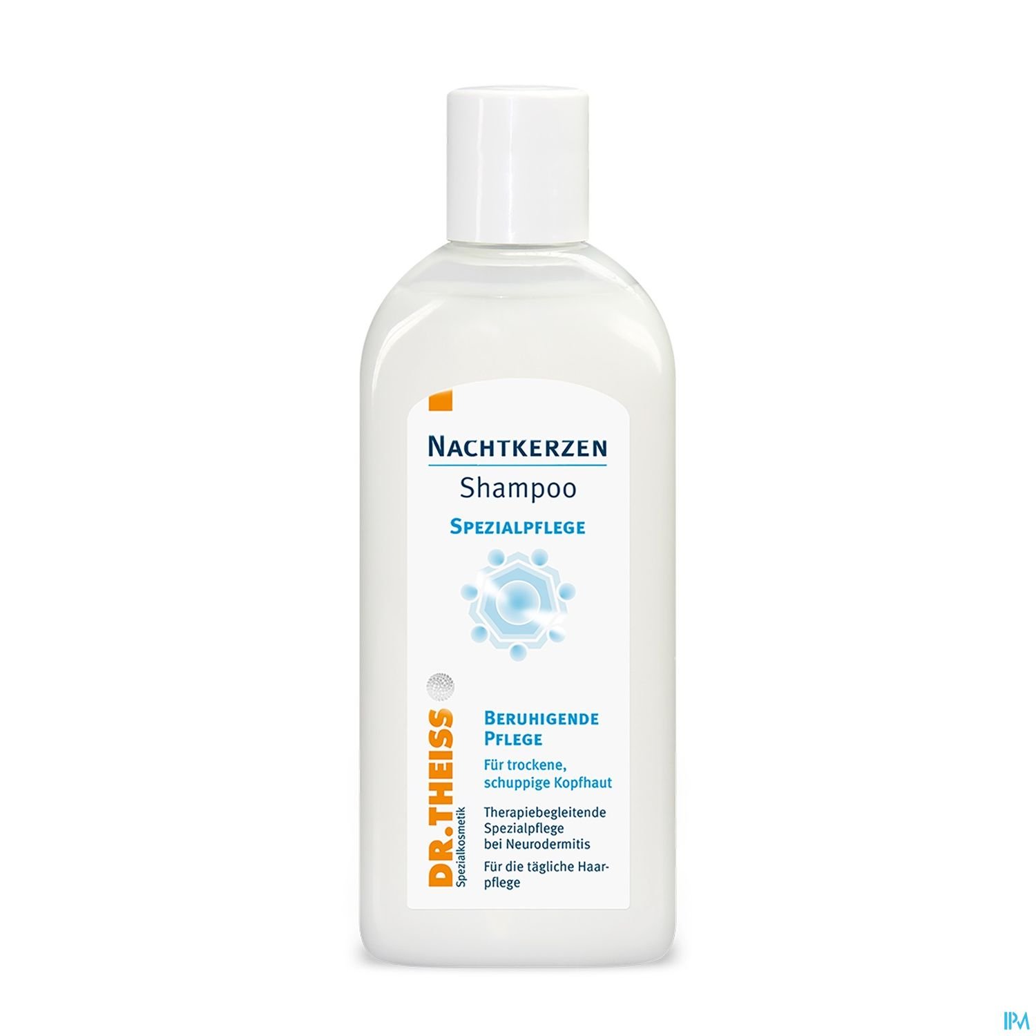 Flasche mit Shampoo für trockene, schuppige Kopfhaut von Dr. Theiss, beschriftet mit "Nachtkerzen Shampoo Spezialpflege".