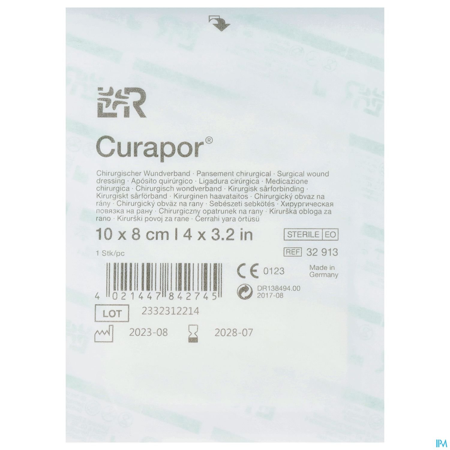 Packung mit chirurgischem Wundverband Curapor, sterile 10 x 8 cm, Rückseite mit Produktinformationen und Herstellungsdetails.