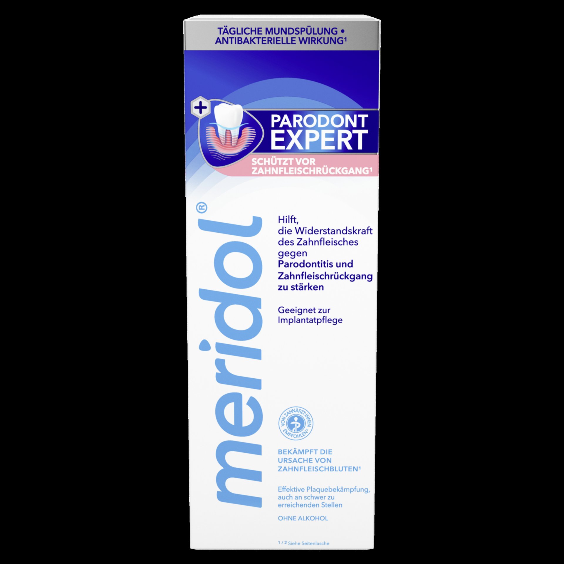 Packung der Mundspülung meridol PARODONT EXPERT mit Angaben zu Anwendung und Wirkung.