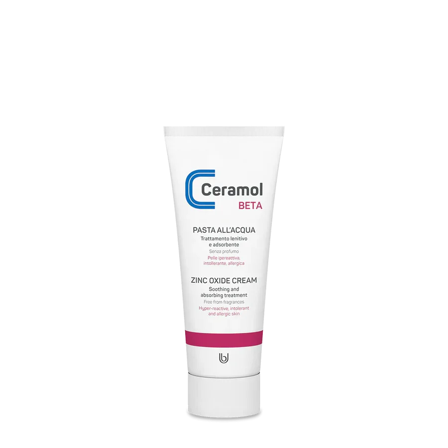 Ceramol Beta Zinkoxidcreme in einer weißen Tube, ideal zur Beruhigung und Behandlung von Hautirritationen, mit klarer Kennzeichnung und Beschreibung der Inhaltsstoffe.