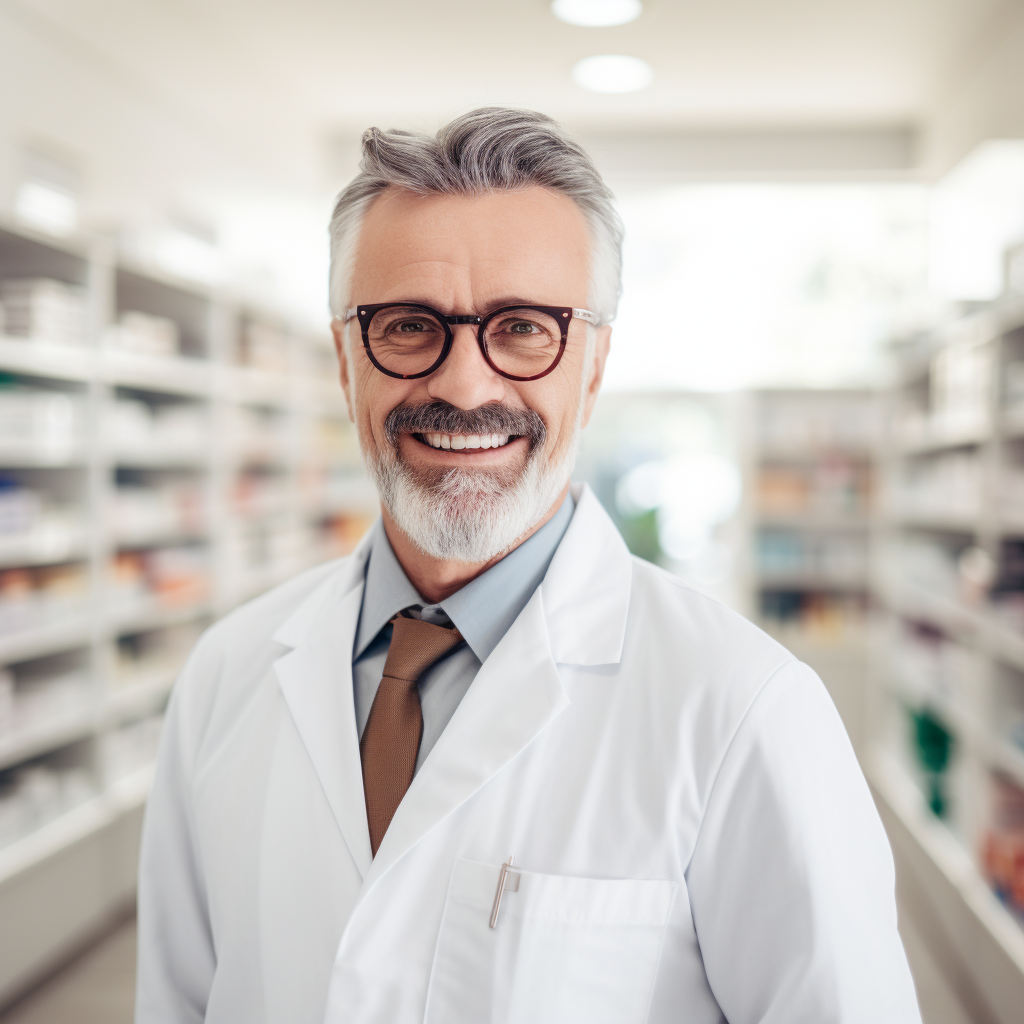 Ein älterer Mann mit grauen Haaren und Brille trägt einen weißen Laborkittel und lächelt freundlich in einer Apotheke. Im Hintergrund sind Regale mit verschiedenen Medikamenten und Gesundheitsprodukten zu sehen.